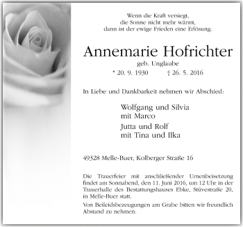 Traueranzeige von Annemarie Hofrichter von Neue Osnabrücker Zeitung GmbH & Co. KG