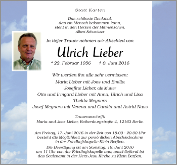 Traueranzeige von Ulrich Lieber von Neue Osnabrücker Zeitung GmbH & Co. KG