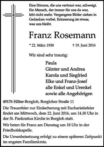 Traueranzeige von Franz Rosemann von Neue Osnabrücker Zeitung GmbH & Co. KG