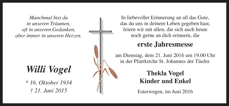  Traueranzeige für Willi Vogel vom 18.06.2016 aus Neue Osnabrücker Zeitung GmbH & Co. KG