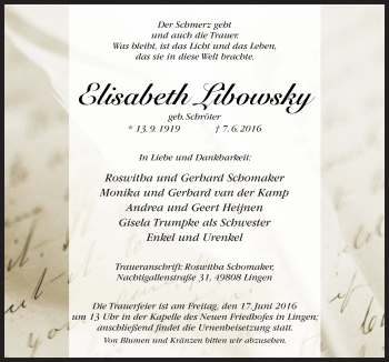 Traueranzeige von Elisabeth Libowsky von Neue Osnabrücker Zeitung GmbH & Co. KG