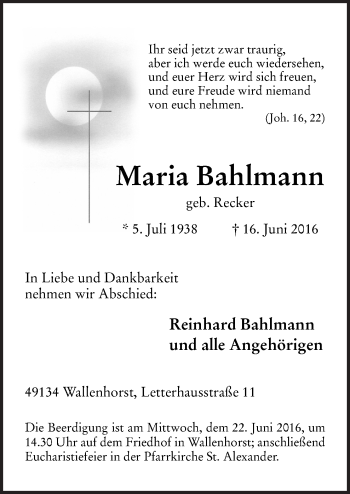 Traueranzeige von Maria Bahlmann von Neue Osnabrücker Zeitung GmbH & Co. KG