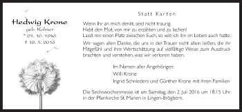 Traueranzeige von Hedwig Krone von Neue Osnabrücker Zeitung GmbH & Co. KG