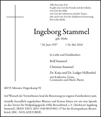 Traueranzeige von Ingeborg Stammel von Neue Osnabrücker Zeitung GmbH & Co. KG