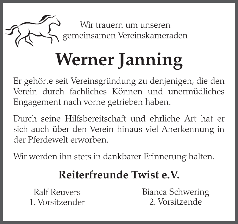  Traueranzeige für Werner Janning vom 04.06.2016 aus Neue Osnabrücker Zeitung GmbH & Co. KG