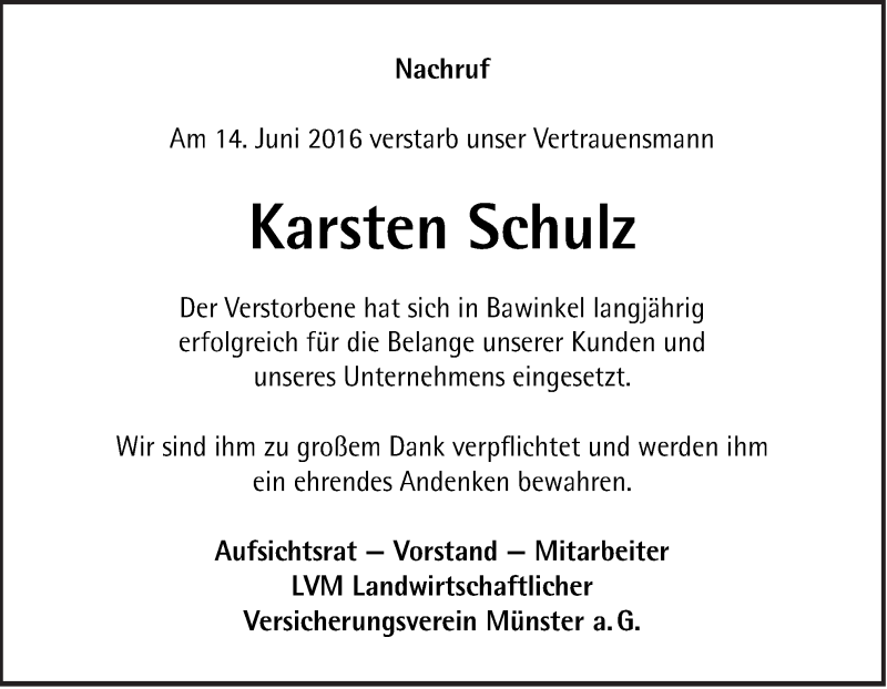  Traueranzeige für Karsten Schulz vom 18.06.2016 aus Neue Osnabrücker Zeitung GmbH & Co. KG