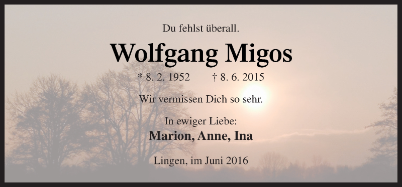 Traueranzeige für Wolfgang Migos vom 08.06.2016 aus Neue Osnabrücker Zeitung GmbH & Co. KG