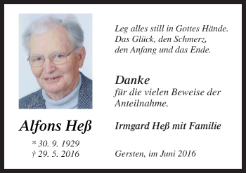 Traueranzeige von Alfons Heß von Neue Osnabrücker Zeitung GmbH & Co. KG