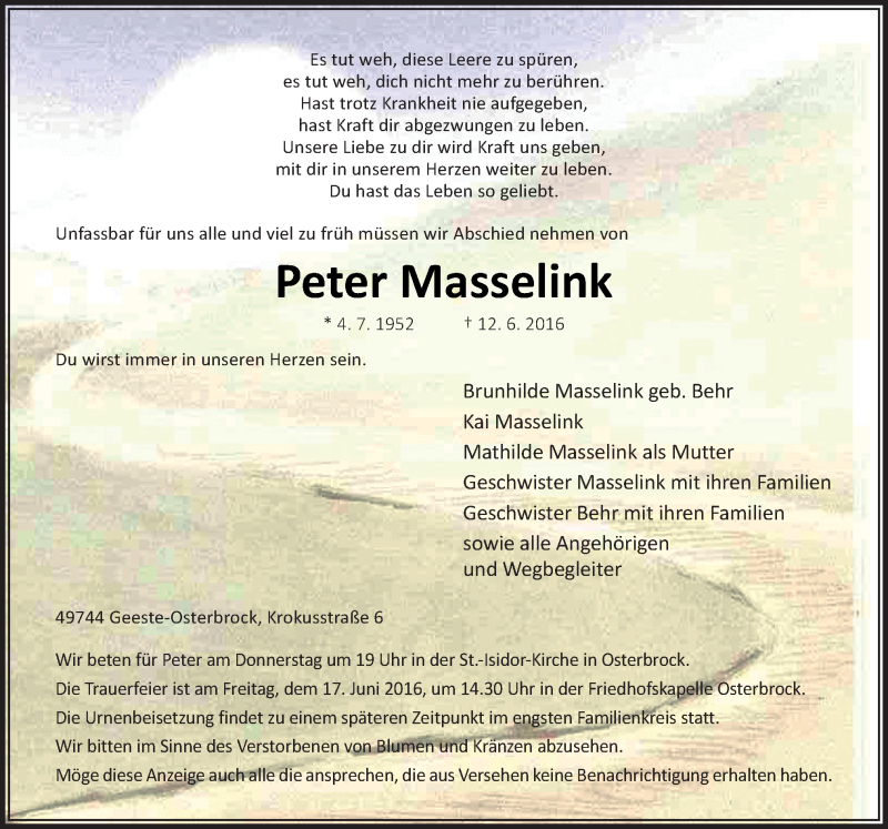  Traueranzeige für Peter Masselink vom 15.06.2016 aus Neue Osnabrücker Zeitung GmbH & Co. KG