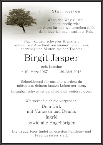 Traueranzeige von Birgit Jasper von Neue Osnabrücker Zeitung GmbH & Co. KG