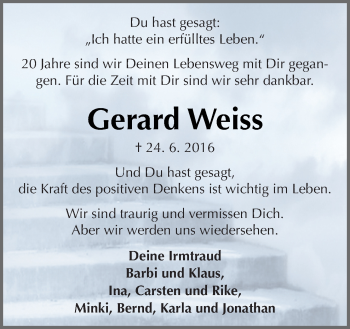 Traueranzeige von Gerard Weiss von Neue Osnabrücker Zeitung GmbH & Co. KG