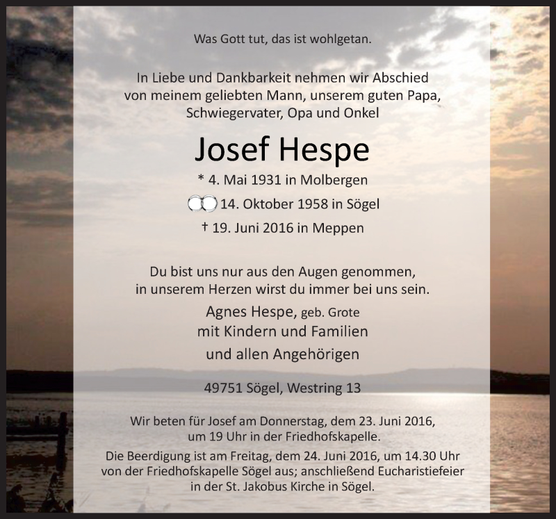  Traueranzeige für Josef Hespe vom 21.06.2016 aus Neue Osnabrücker Zeitung GmbH & Co. KG