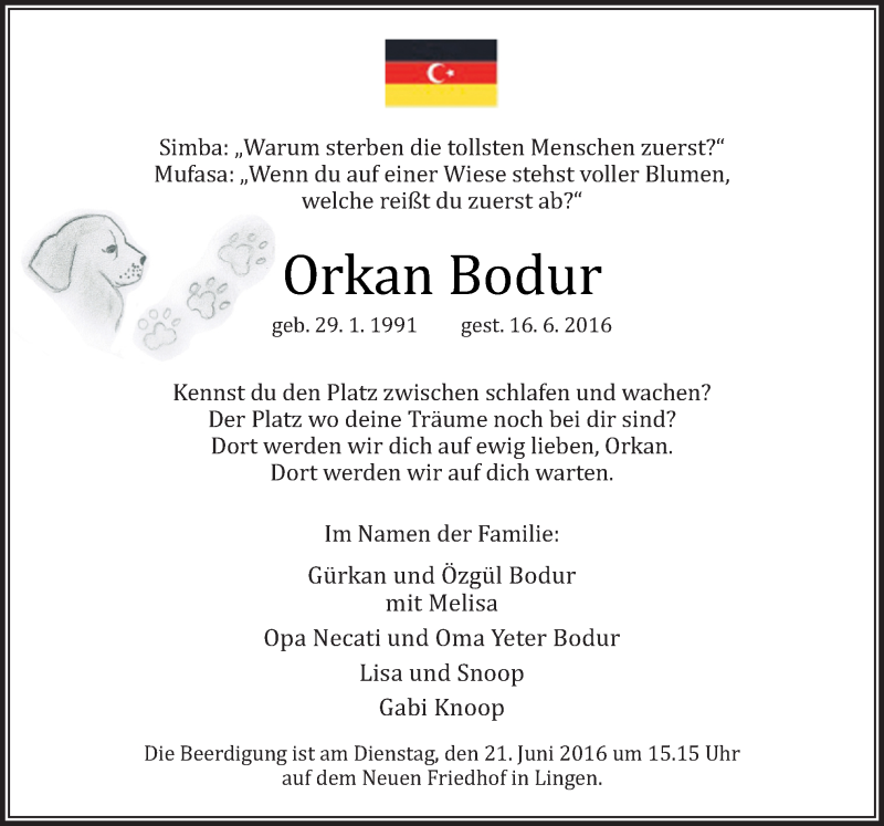  Traueranzeige für Orkan Bodur vom 20.06.2016 aus Neue Osnabrücker Zeitung GmbH & Co. KG