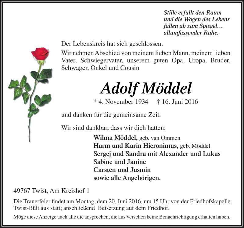  Traueranzeige für Adolf Möddel vom 18.06.2016 aus Neue Osnabrücker Zeitung GmbH & Co. KG
