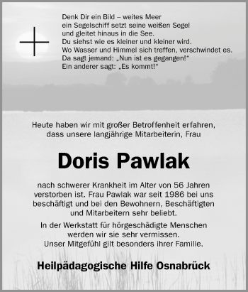 Traueranzeige von Doris Pawlak von Neue Osnabrücker Zeitung GmbH & Co. KG