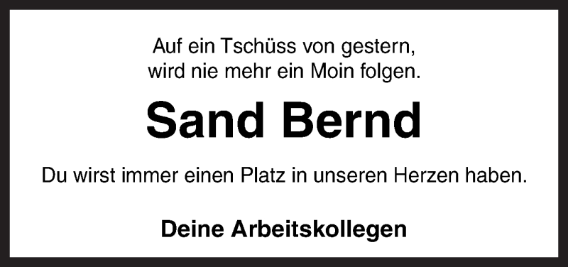  Traueranzeige für Bernhard Sand vom 10.06.2016 aus Neue Osnabrücker Zeitung GmbH & Co. KG