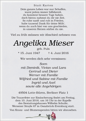 Traueranzeige von Angelika Mieser von Neue Osnabrücker Zeitung GmbH & Co. KG