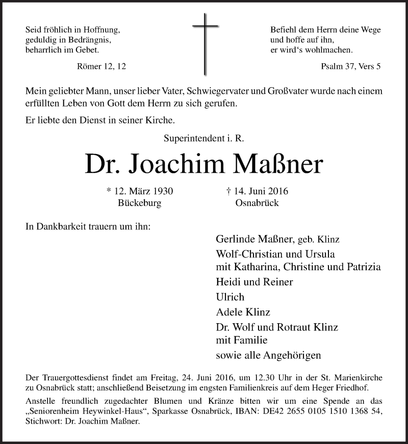  Traueranzeige für Joachim Maßner vom 20.06.2016 aus Neue Osnabrücker Zeitung GmbH & Co. KG