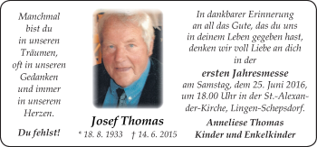 Traueranzeige von Josef Thomas von Neue Osnabrücker Zeitung GmbH & Co. KG