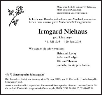 Traueranzeige von Irmgard Niehaus von Neue Osnabrücker Zeitung GmbH & Co. KG
