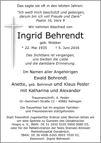 Traueranzeige von Ingrid Behrendt von Neue Osnabrücker Zeitung GmbH & Co. KG
