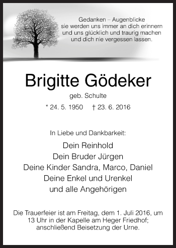 Traueranzeige von Brigitte Gödeker von Neue Osnabrücker Zeitung GmbH & Co. KG