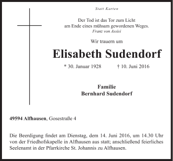 Traueranzeige von Elisabeth Sudendorf von Neue Osnabrücker Zeitung GmbH & Co. KG