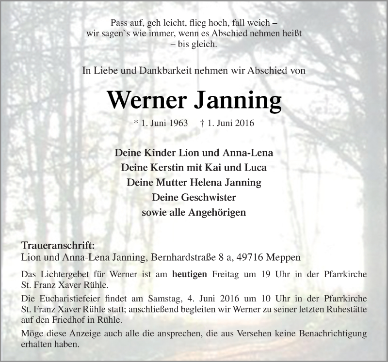  Traueranzeige für Werner Janning vom 03.06.2016 aus Neue Osnabrücker Zeitung GmbH & Co. KG