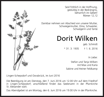 Traueranzeige von Dorit Wilken von Neue Osnabrücker Zeitung GmbH & Co. KG