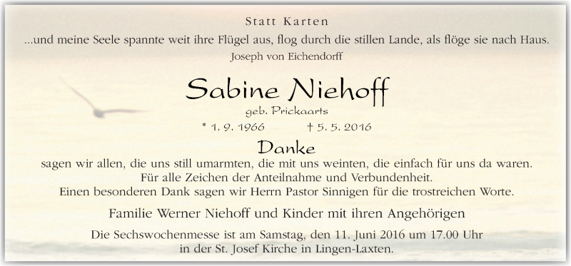  Traueranzeige für Sabine Niehoff vom 08.06.2016 aus Neue Osnabrücker Zeitung GmbH & Co. KG
