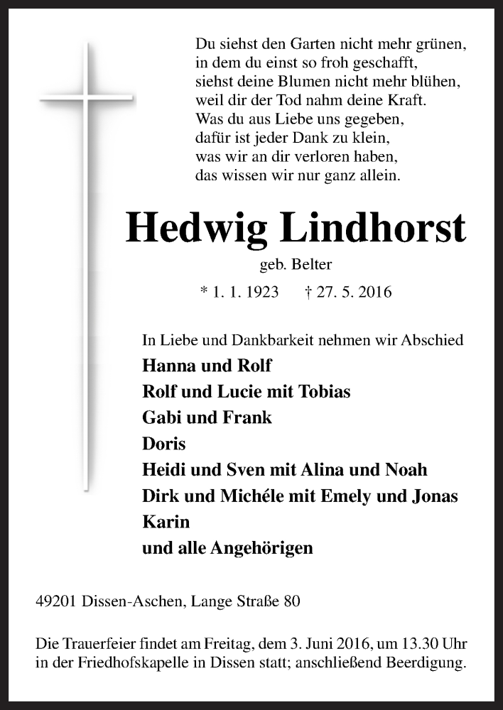  Traueranzeige für Hedwig Lindhorst vom 01.06.2016 aus Neue Osnabrücker Zeitung GmbH & Co. KG