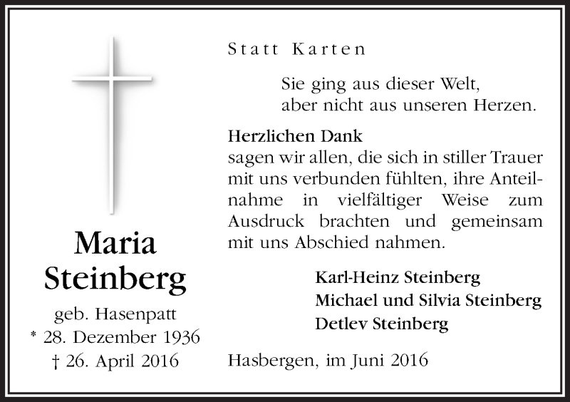  Traueranzeige für Maria Steinberg vom 04.06.2016 aus Neue Osnabrücker Zeitung GmbH & Co. KG
