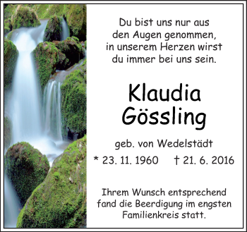 Traueranzeige von Klaudia Gössling von Neue Osnabrücker Zeitung GmbH & Co. KG