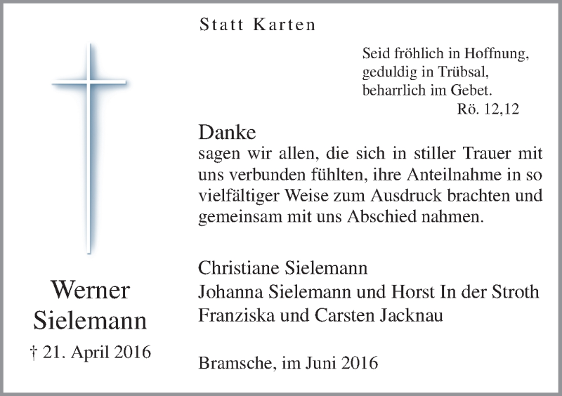  Traueranzeige für Werner Sielemann vom 06.06.2016 aus Neue Osnabrücker Zeitung GmbH & Co. KG