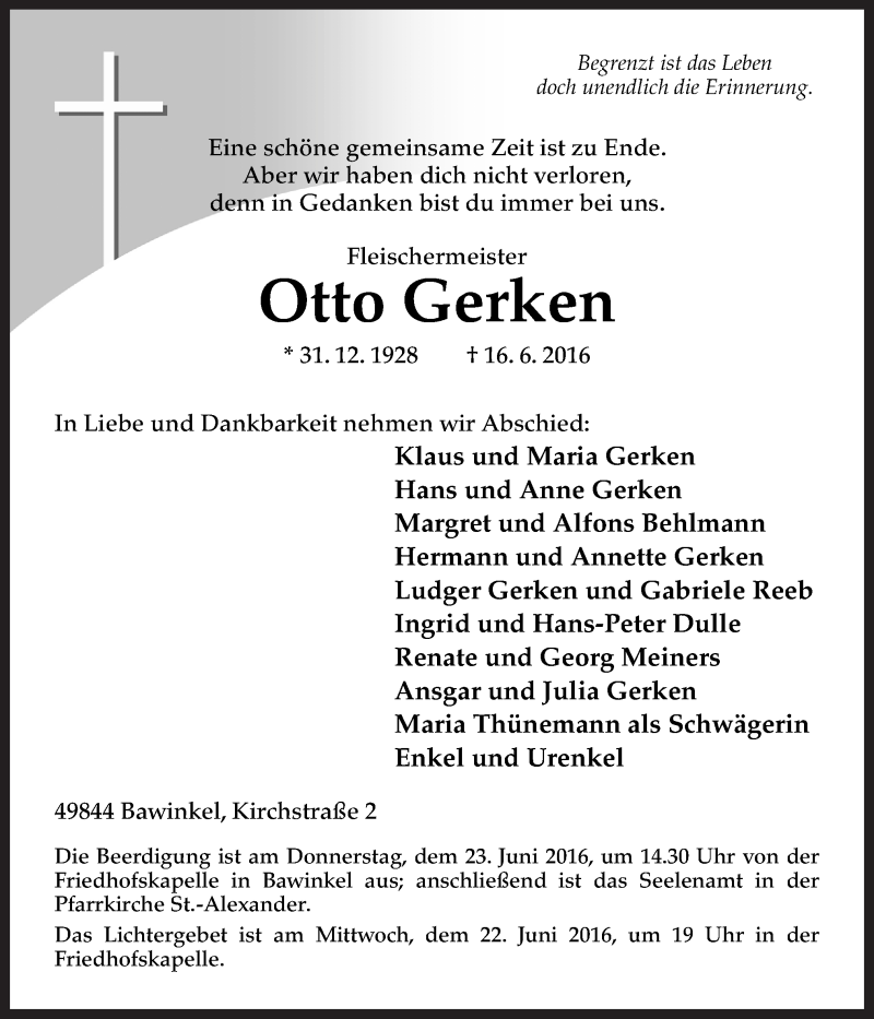  Traueranzeige für Otto Gerken vom 21.06.2016 aus Neue Osnabrücker Zeitung GmbH & Co. KG