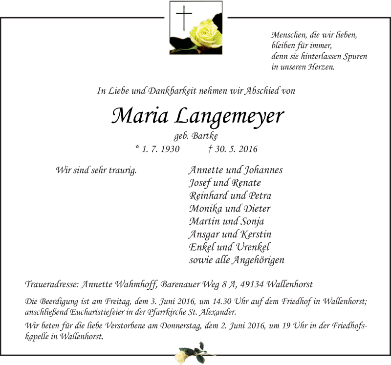 Traueranzeige für Maria Langemeyer vom 01.06.2016 aus Neue Osnabrücker Zeitung GmbH & Co. KG