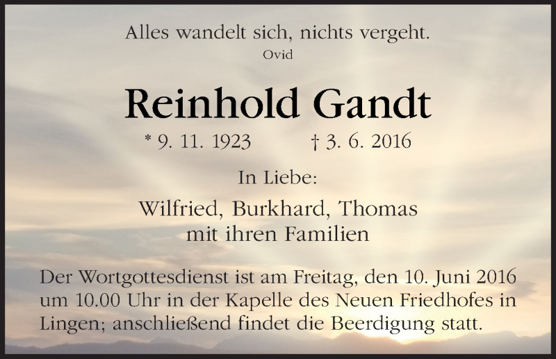  Traueranzeige für Reinhold Gandt vom 08.06.2016 aus Neue Osnabrücker Zeitung GmbH & Co. KG