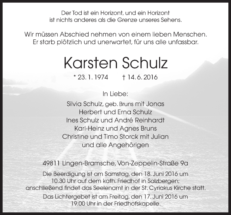  Traueranzeige für Karsten Schulz vom 17.06.2016 aus Neue Osnabrücker Zeitung GmbH & Co. KG