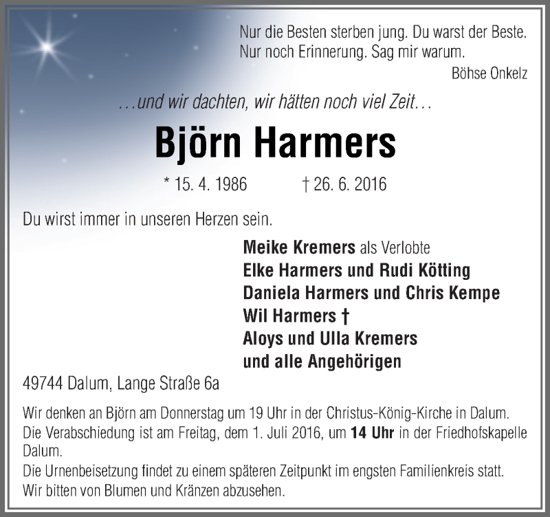  Traueranzeige für Björn Harmers vom 28.06.2016 aus Neue Osnabrücker Zeitung GmbH & Co. KG