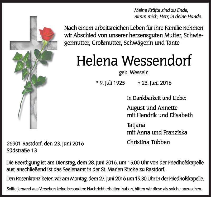  Traueranzeige für Helena Wessendorf vom 27.06.2016 aus Neue Osnabrücker Zeitung GmbH & Co. KG