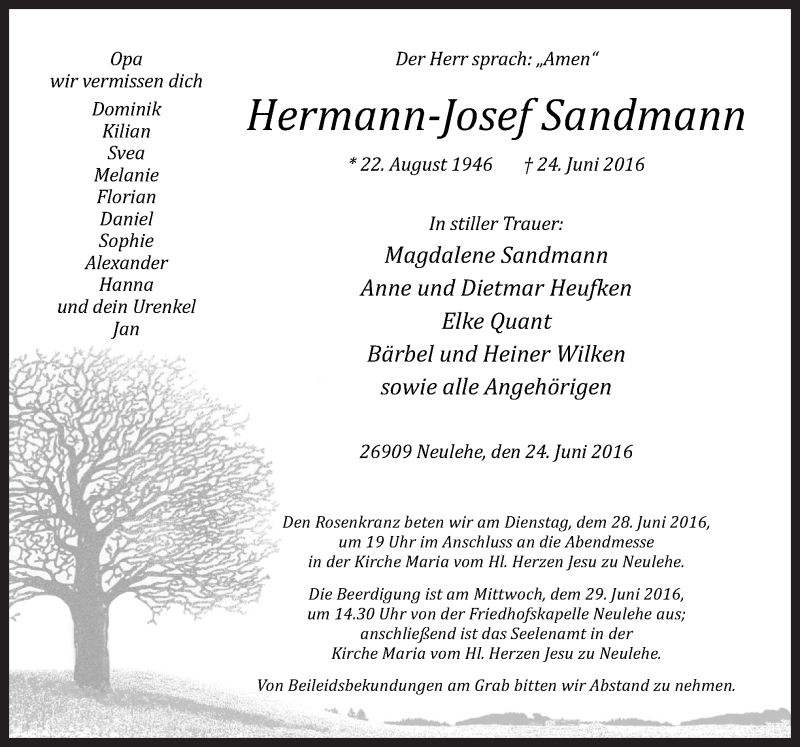  Traueranzeige für Hermann-Josef Sandmann vom 28.06.2016 aus Neue Osnabrücker Zeitung GmbH & Co. KG