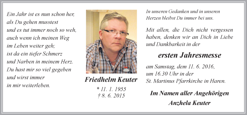  Traueranzeige für Friedhelm Keuter vom 08.06.2016 aus Neue Osnabrücker Zeitung GmbH & Co. KG