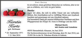Traueranzeige von Kerstin Korte von Neue Osnabrücker Zeitung GmbH & Co. KG