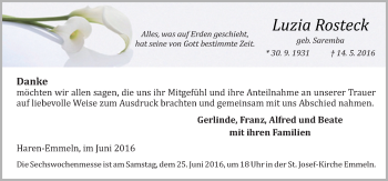 Traueranzeige von Luzia Rosteck von Neue Osnabrücker Zeitung GmbH & Co. KG