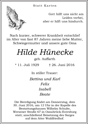 Traueranzeige von Hilde Hünecke von Neue Osnabrücker Zeitung GmbH & Co. KG