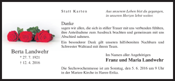 Traueranzeige von Berta Landwehr von Neue Osnabrücker Zeitung GmbH & Co. KG