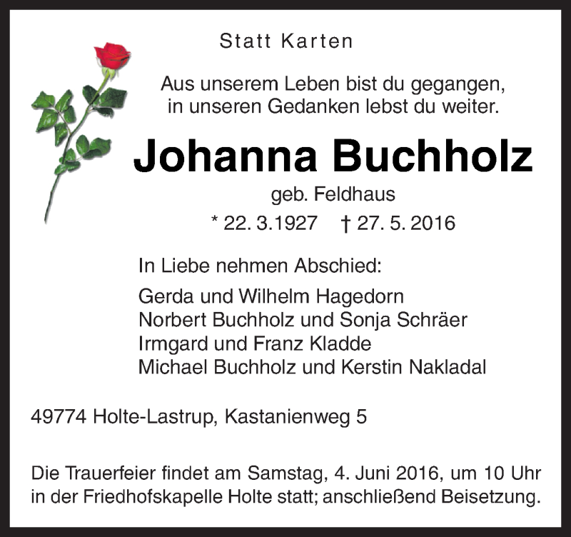 Traueranzeige für Johanna Buchholz vom 01.06.2016 aus Neue Osnabrücker Zeitung GmbH & Co. KG