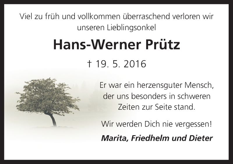  Traueranzeige für Hans-Werner Prütz vom 11.06.2016 aus Neue Osnabrücker Zeitung GmbH & Co. KG