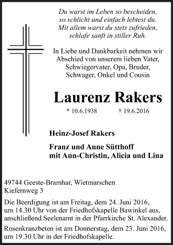 Traueranzeige von Laurenz Rakers von Neue Osnabrücker Zeitung GmbH & Co. KG