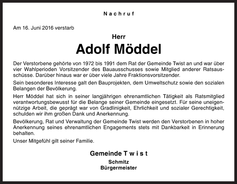  Traueranzeige für Adolf Möddel vom 21.06.2016 aus Neue Osnabrücker Zeitung GmbH & Co. KG